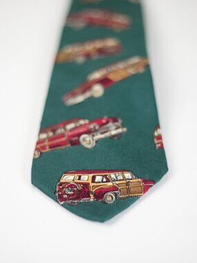 Vintage Silk Novelty Tie | Woody Wagon Print | Forest Green | Hand Sewn USA